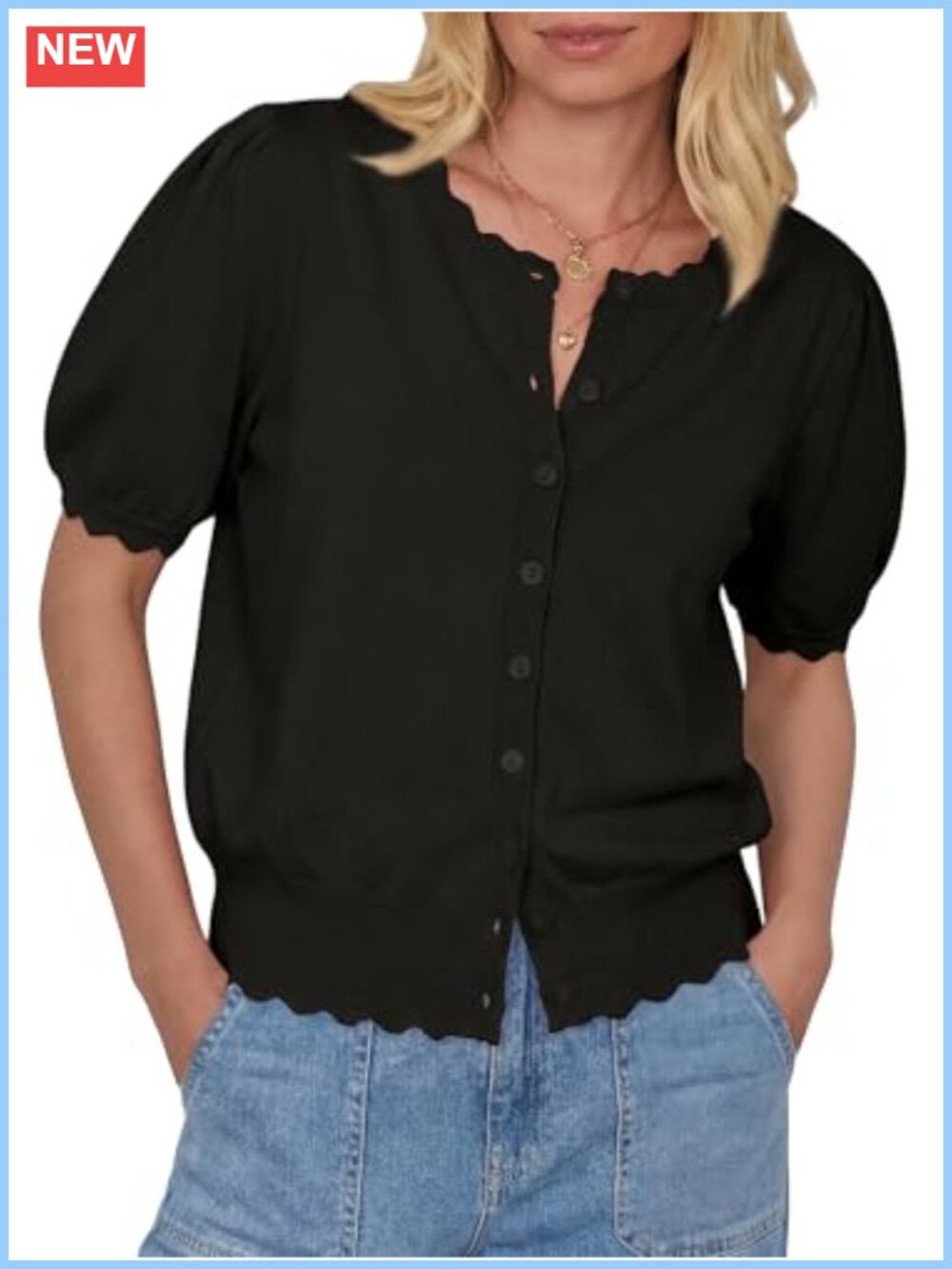 Short Sleeve Button Up Cardigan Scalloped Crewneck Puff Sleeves Knit